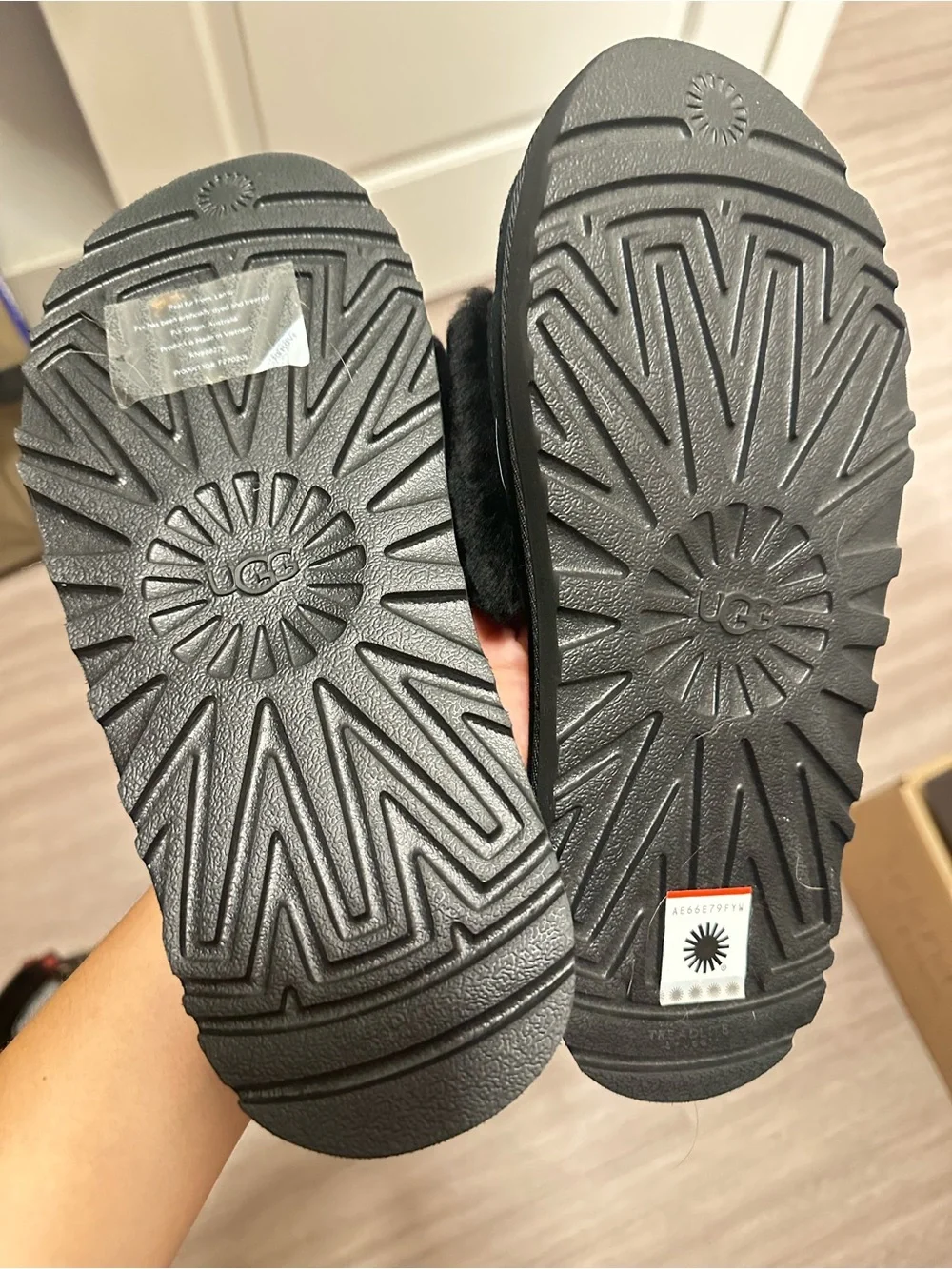 UGG Black Plush Fur Slide Sandals with White Logo - Picture 2 of 2